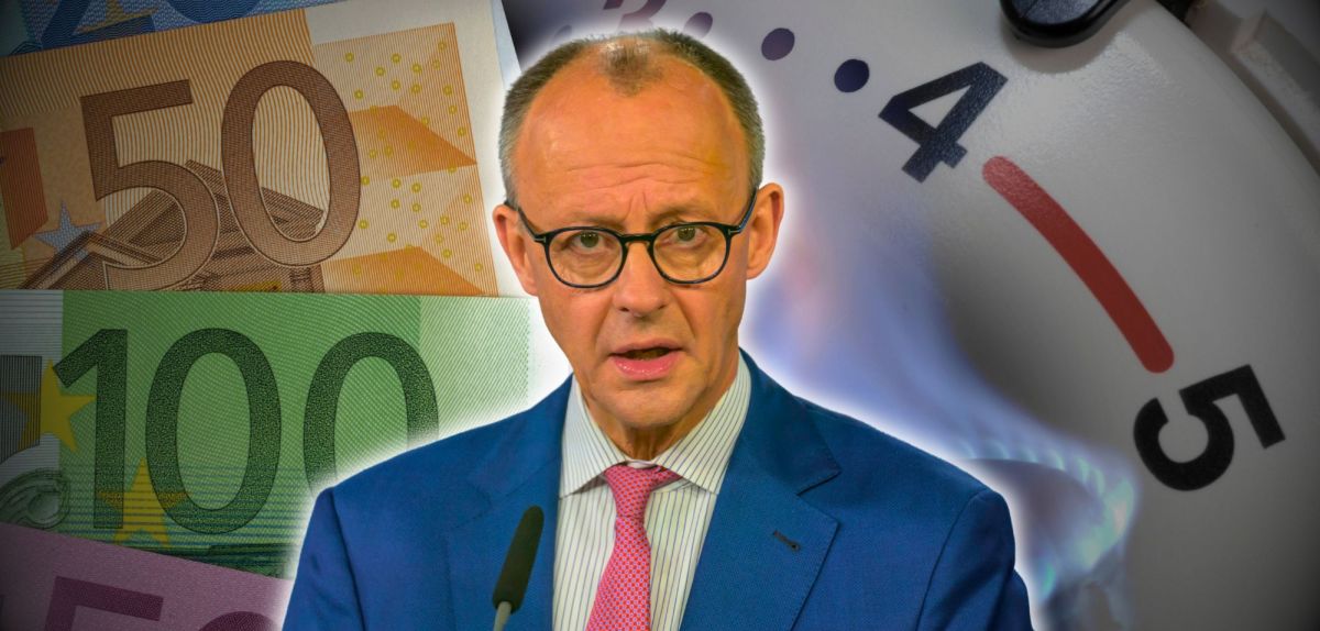 Friedrich Merz (CDU) vor einem Heizungsregler und Euroscheinen