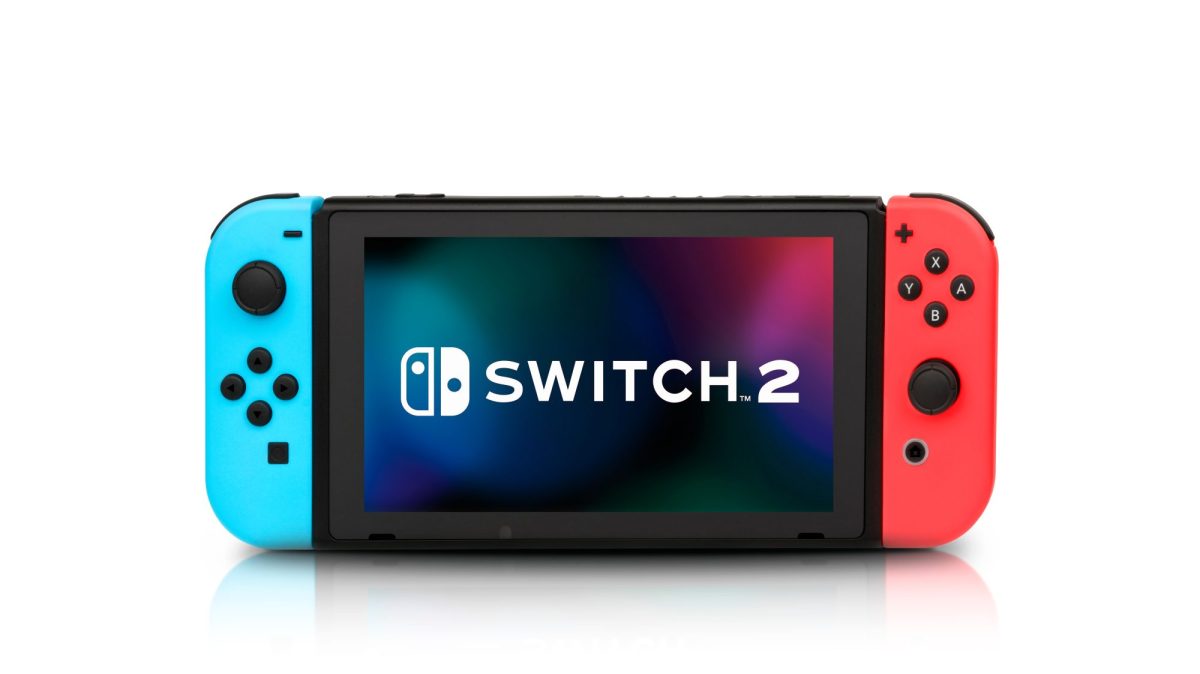 Nintendo Switch vor weißem Hintergrund. Auf dem Bildschirm steht 