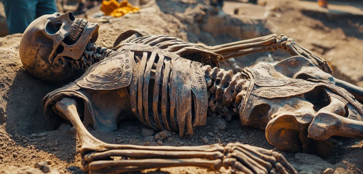 Skelett als archäologischer Fund im Sand (KI-generiertes Bild).
