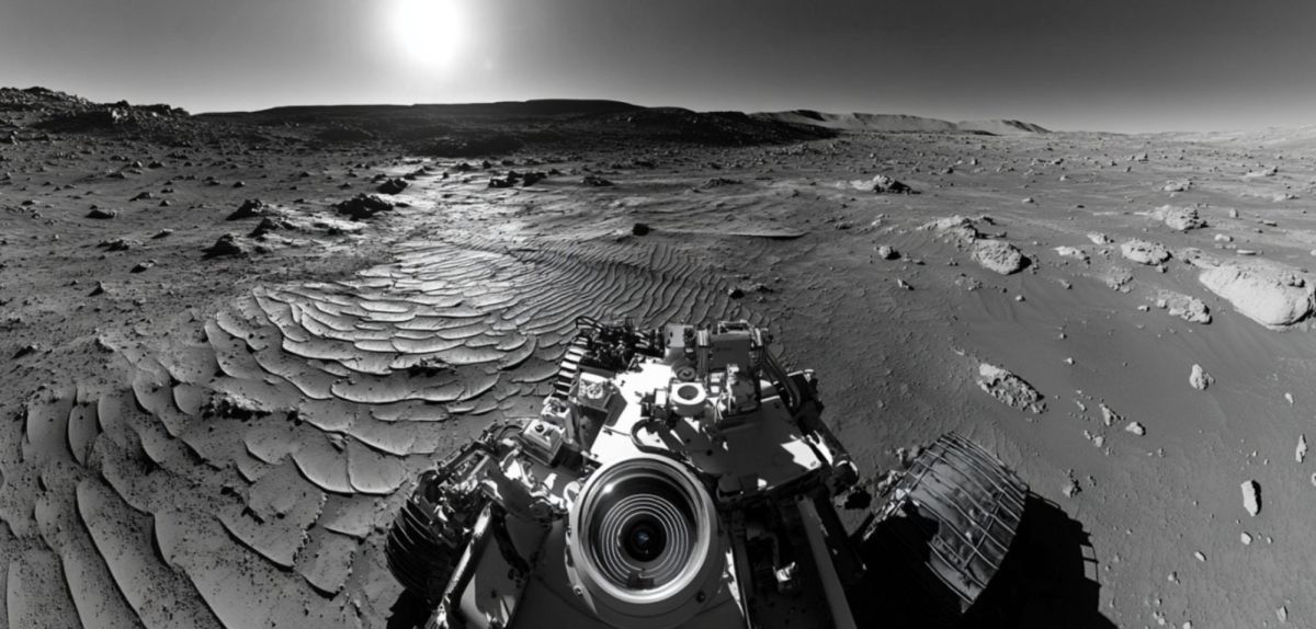 Ein Mars-Rover fährt über marsianische Landschaft (KI-generiertes Bild)