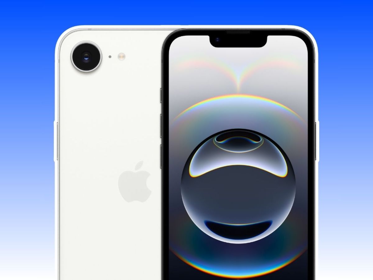 iPhone 16e vor einem blau-weißen Farbverlauf
