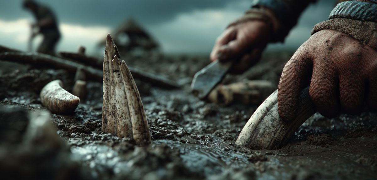 Mann arbeitet an einem archäologischen Fund (KI-generiertes Bild).