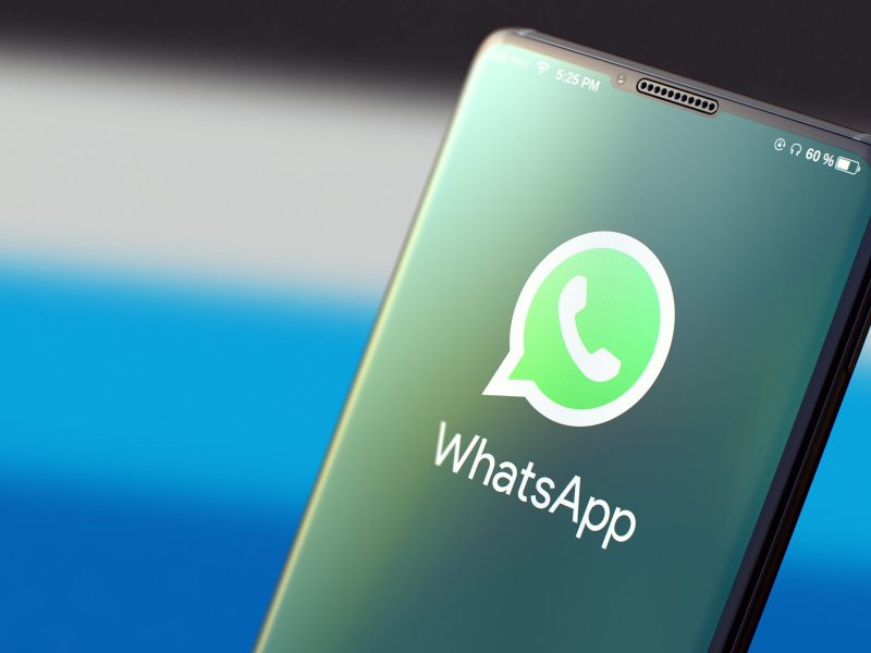 WhatsApp-Logo auf einem Smartphone-Display.