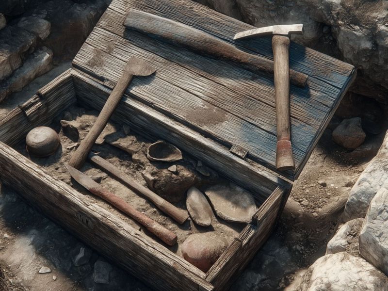 Eine Werkzeugkiste als archäologischer Fund (KI-generiertes Bild).