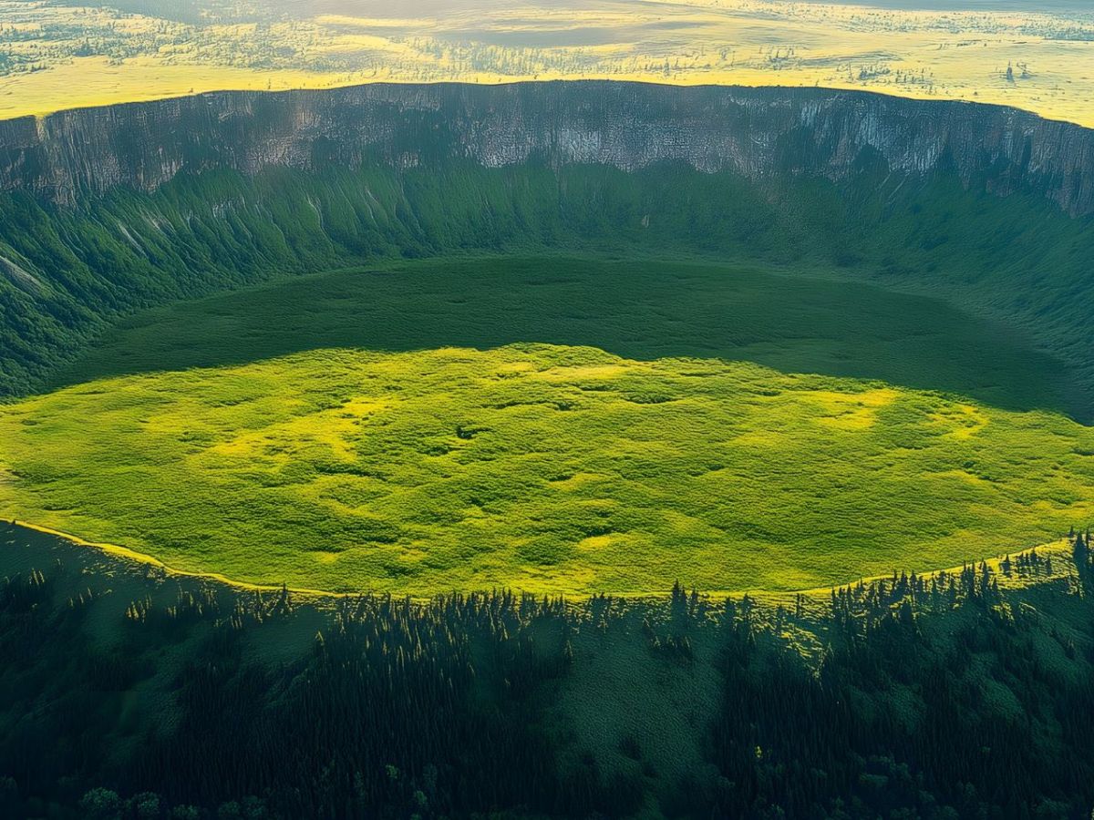 KI-generiertes Bild eines riesigen Einschlagskraters eines Meteoriten in einer grünen Landschaft.