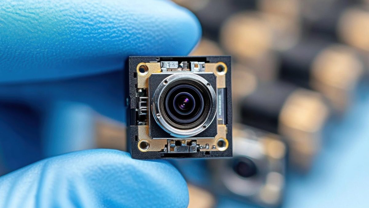 Person hält ein kleines Kameramodul zwischen den Fingern