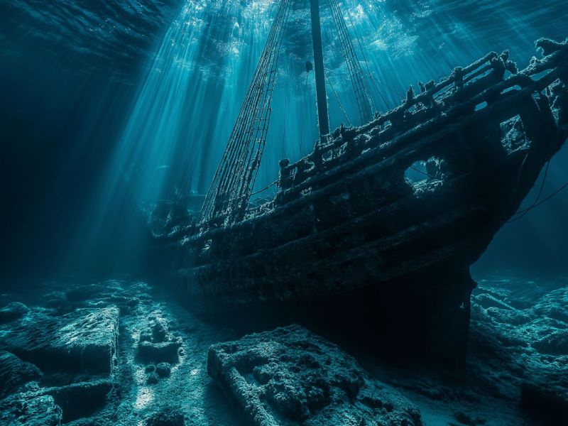 KI-generiertes Bild eines Schiffes auf dem Meeresboden.