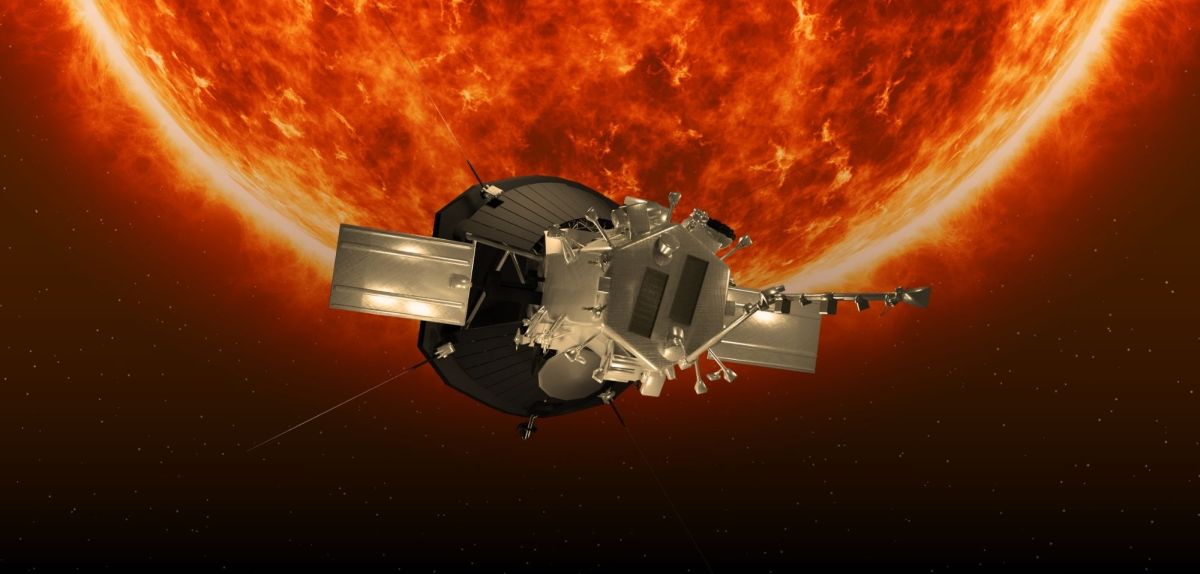 Parker Solar Probe vor der Sonne.